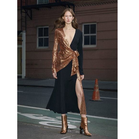 Prabal Gurung Sequin Wrap Midi Dress 4 Gold Black NWT - Picture 1 of 15